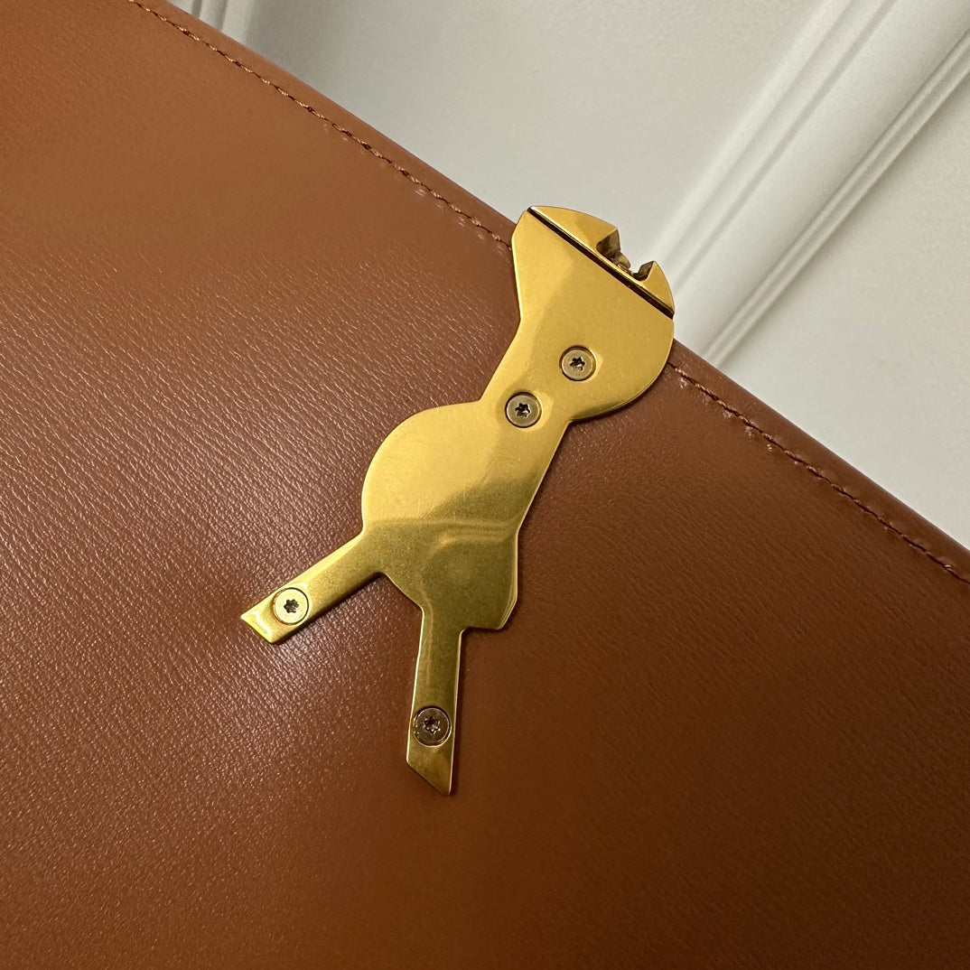 YSL Solferino Small Cartera satchel Marrón Beige Dorado Piel de becerro Lona 339479
