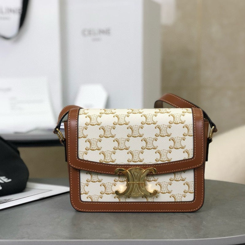 TEEN TRIOMPHE 18.5 WHITE MONOGRAMA CANVAS TAN CALFSKIN | Studio Nafay