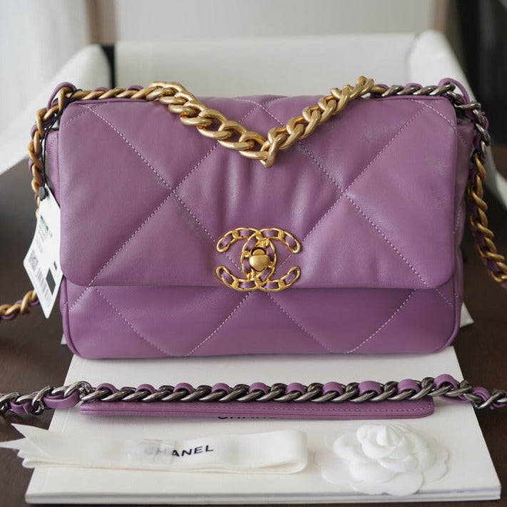 19 FLAP BAG 30 PURPLE GOATSKIN GOLD HARDWARE | Studio Nafay