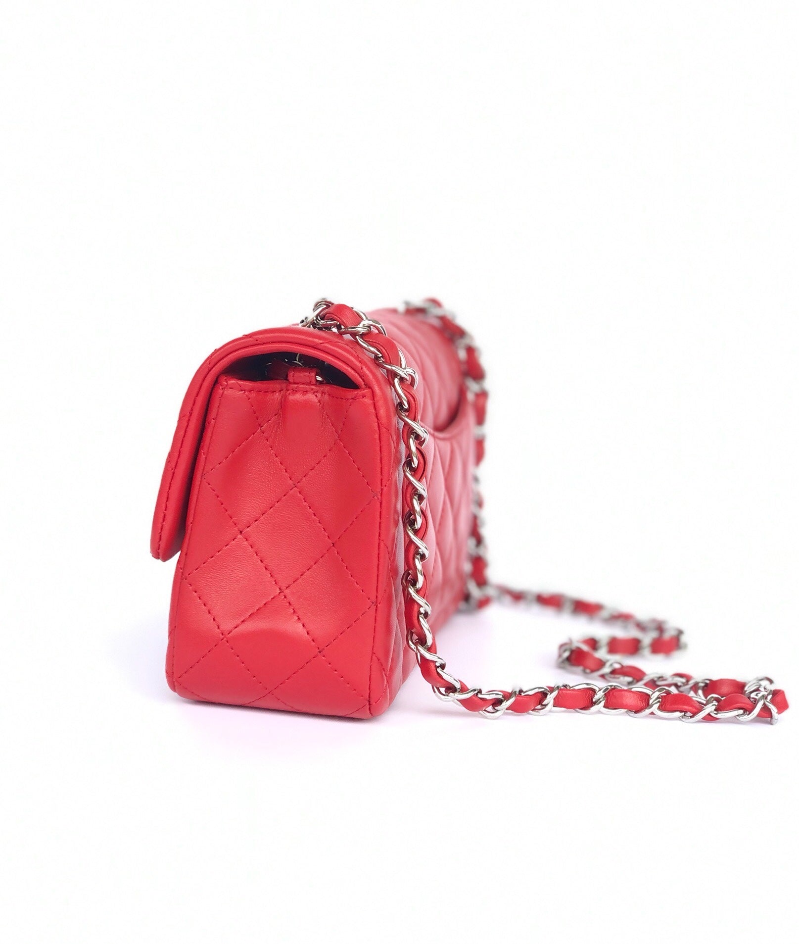 Mini RECTANGLE Bolso de solapa 20CM Rojo LAMBSKIN Herrajes plateados