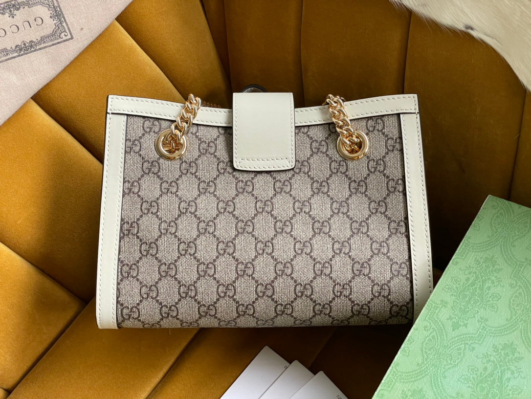GG PADLOCK Mediano 26 Bolso de hombro Beige CANVAS AND Blanco Piel de becerro