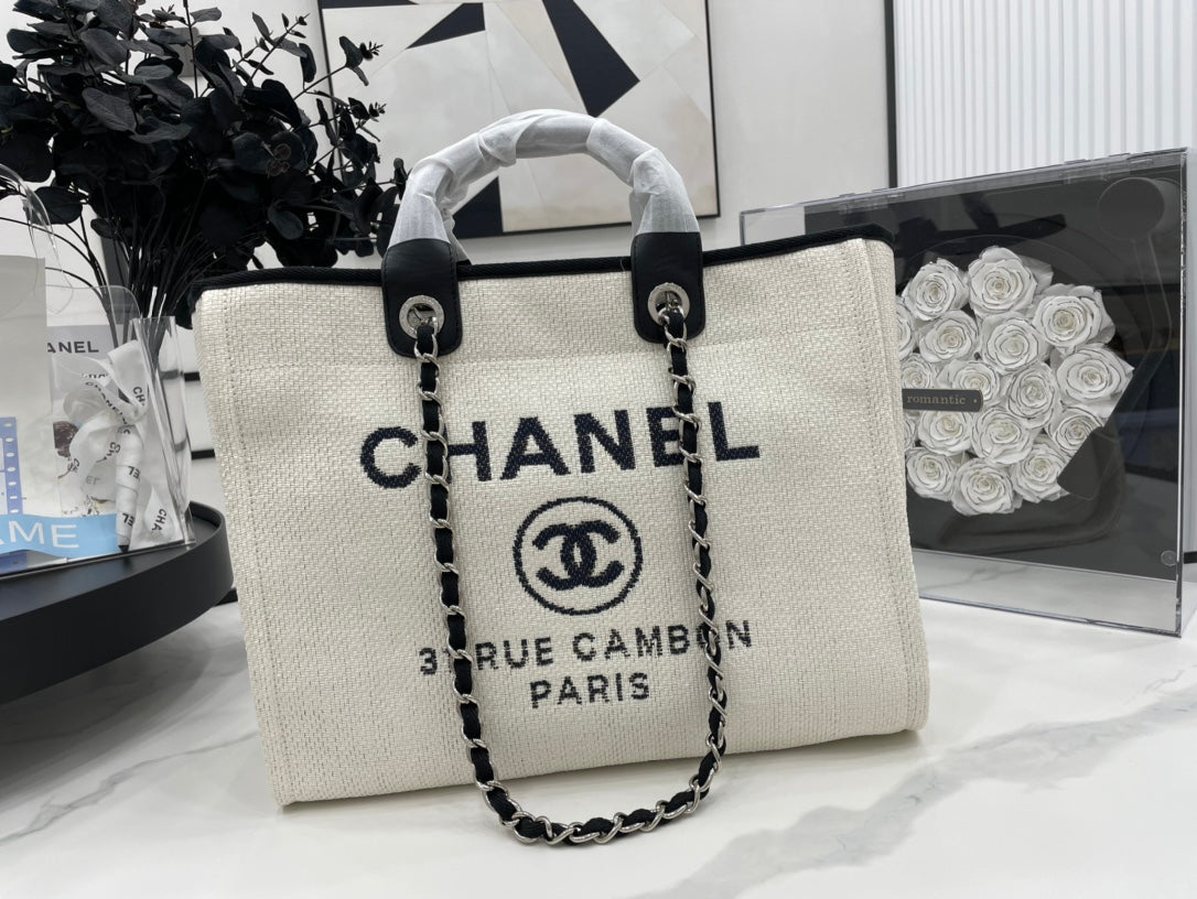 CC Deauville Tweed Bag Black Cuero Herrajes plateados 16