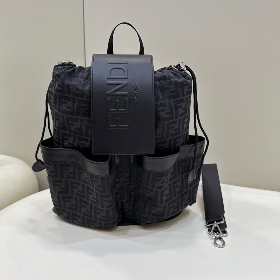 FENDI STRIKE 41 MEDIUM FF BLACK JACQUARD FABRIC BACKPACK | Studio Nafay
