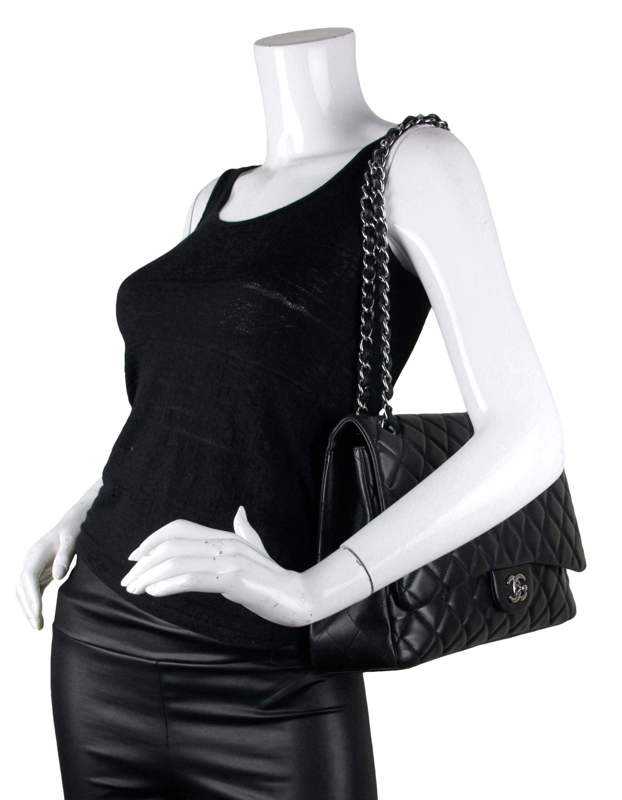 Chanel Black Piel de cordero Cuero Single Solapa Maxi Bolso