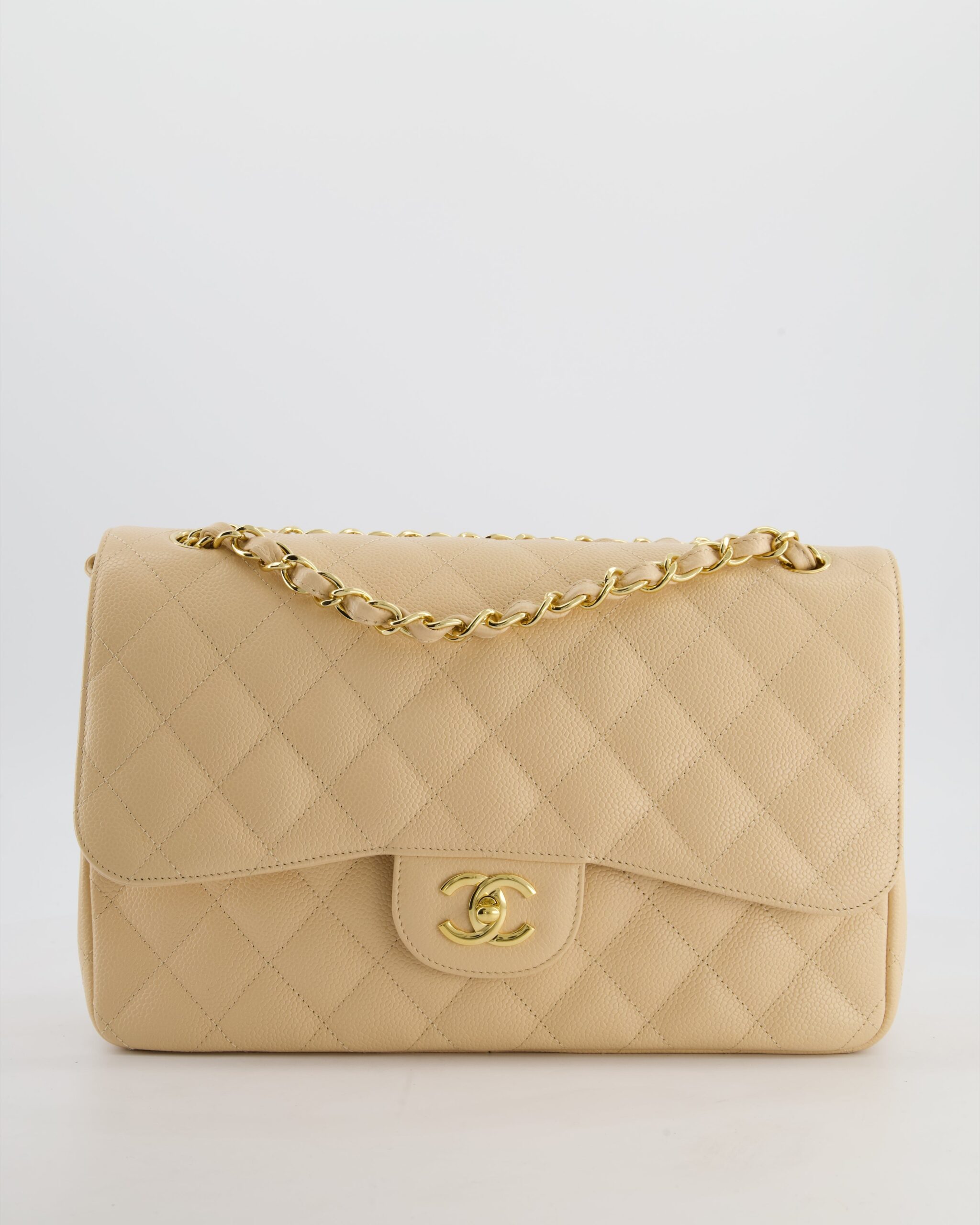 *HOT* Chanel Beige Jumbo Classic Double Bolso de solapa in Caviar Cuero con Herrajes dorados