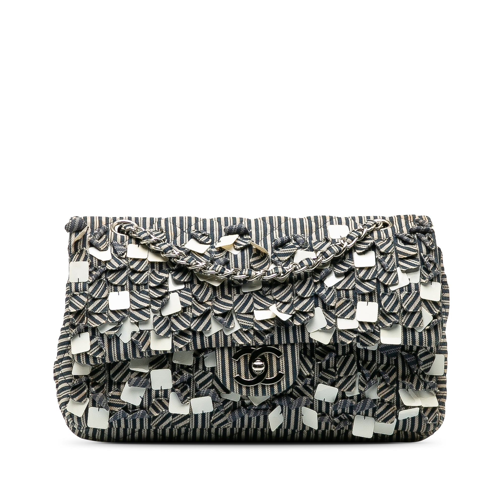 Bolso de hombro Chanel Medium Cotton Striped Double Flap azul