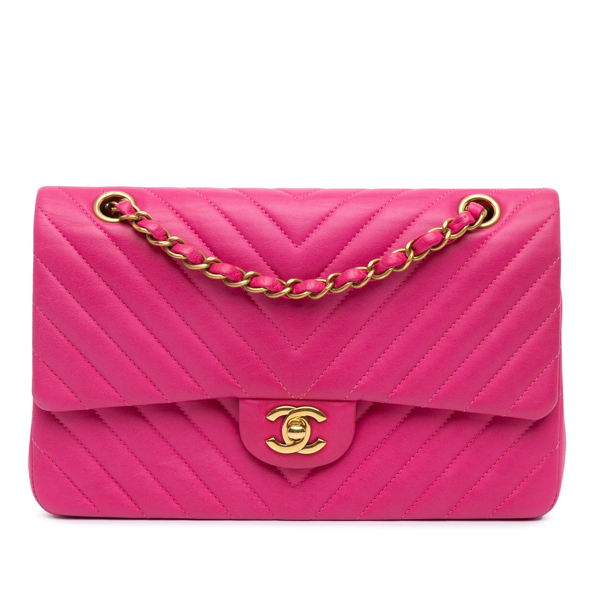 Bolso de hombro Chanel Medium Classic Chevron de piel de cordero con doble solapa en rosa